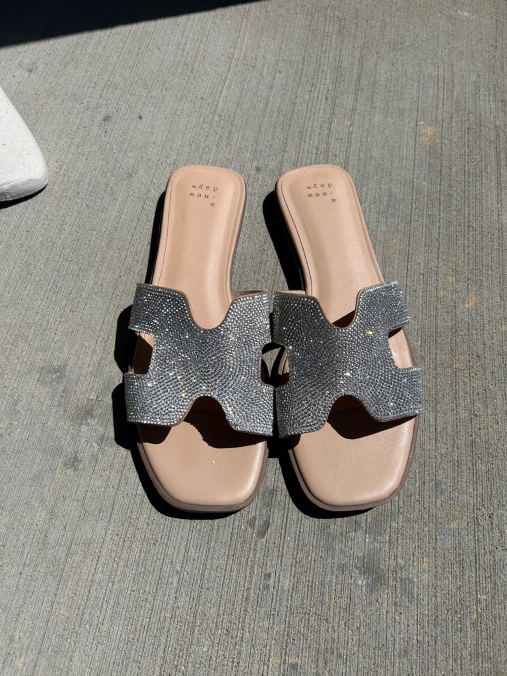 a new day Metallic Rhinestone Slide Sandals in Silver and Nude